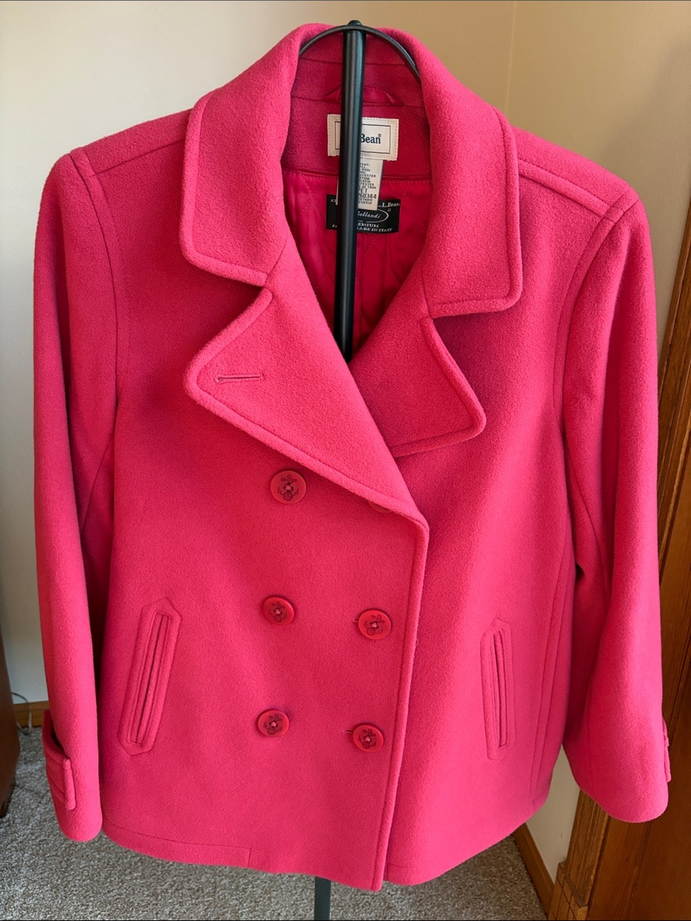 L.L. Bean Women's Bellandi Bright Pink Double-Breasted Peacoat Made in Italy